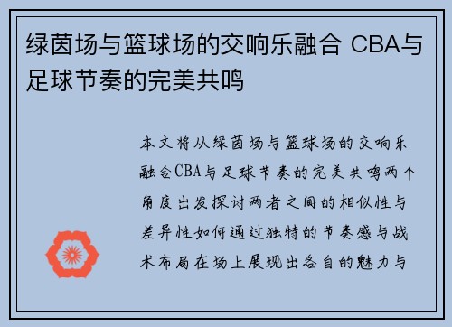 绿茵场与篮球场的交响乐融合 CBA与足球节奏的完美共鸣