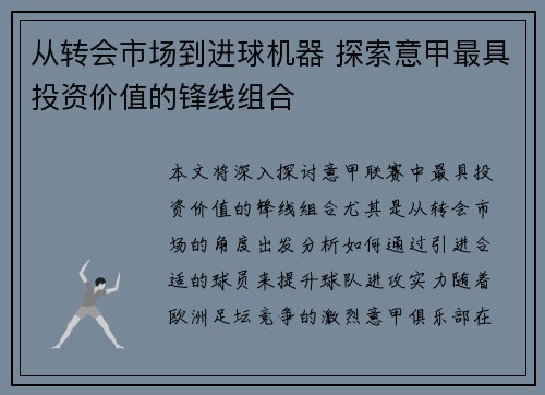 从转会市场到进球机器 探索意甲最具投资价值的锋线组合