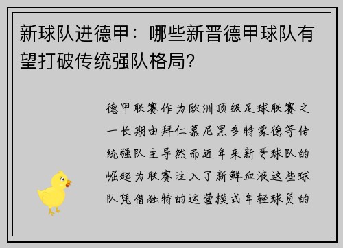 新球队进德甲：哪些新晋德甲球队有望打破传统强队格局？