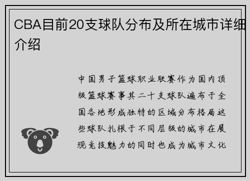 CBA目前20支球队分布及所在城市详细介绍